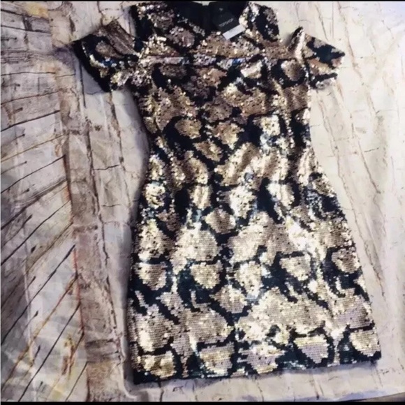 NWT Topshop Gold & Black Sequins Peekaboo Shoulder Party Dress Sz 6 - Picture 2 of 5
